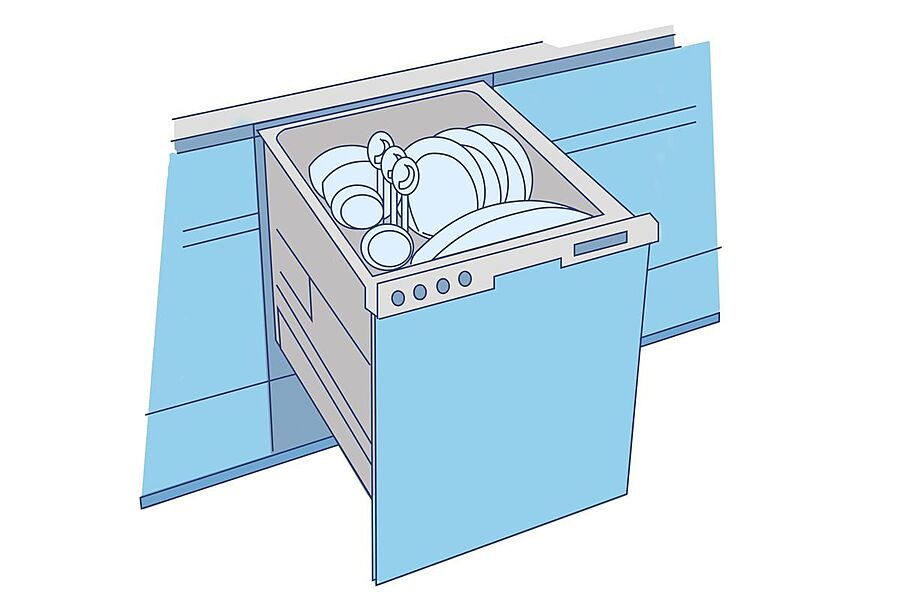 引き出し式での食器の出し入れが容易なビルトインタイプの食器洗い乾燥機。食器洗いの手間を省き電気・水道代の節約に貢献します。