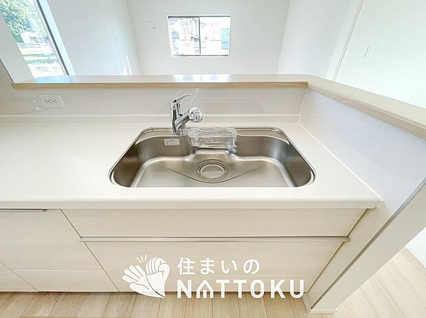 【浄水器内臓ハンドシャワー付シンク】広々とした凸型シンクに洗剤ポケットを標準装備。すっきり収納できます。
また、蛇口の先端に浄水器を内蔵しているため場所をとりません。
