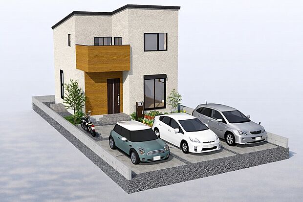 【完成イメージパース（メインプラン）】
■≪全3区画≫51坪超の広さ＆間口8.75～8.80ｍのワイド敷地！ゆとりのカースペースは3台駐車OK♪ 家族みんなに嬉しい住環境です。