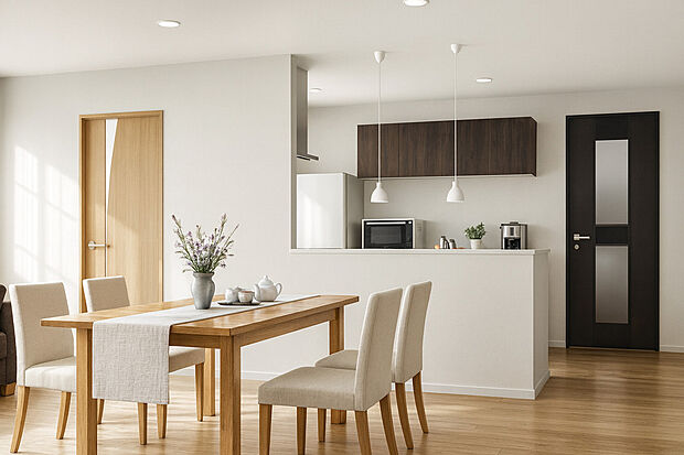 【【完成イメージパース(メインプラン)】】■キッチン横のパントリーや便利な棚、玄関のシューズクローゼットなど、収納が充実。食品や日用品、靴やアウトドア用品までスッキリ片付き、暮らしやすさがぐんとアップ♪