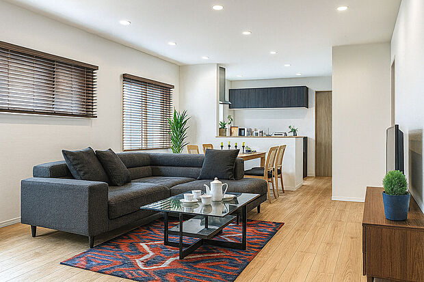 【【完成イメージパース(Bプラン)】】■中庭につながる20帖の広々リビングは明るく開放的。光と風を感じながらガーデニングも楽しめ、季節の移ろいを暮らしに取り入れられます。家族団らんにぴったりの住まいです。