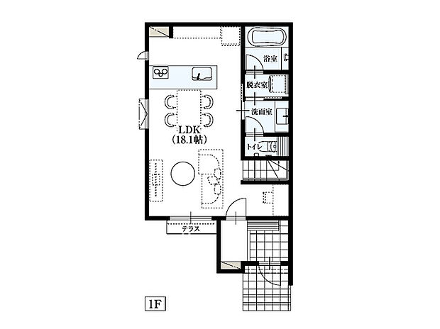 【1F】建物プラン例(区画No5)
土地価格7500万円、建物価格3860万円、建物面積88.59m2
本プランは一例で採用は土地ご購入者様の判断に委ねられます。
※家具調度品は価格に含まれません。詳しくは係員にお尋ね下さい。