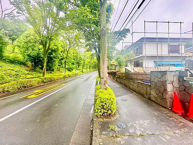 【前面道路含む現地写真】緑の潤いと開放感を感じられる静かで落ち着いた住環境です。