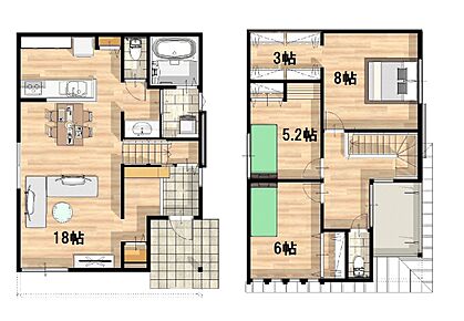 家具・照明・カーテン・エアコン付きです。街角モデル仕様のためお洒落なインテリアばかり、内装もコーデされております、トイレも１階と２階雰囲気が違います。 