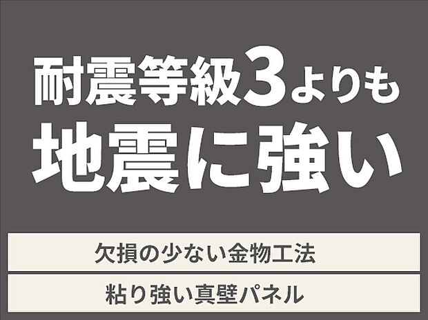 【耐震等級3取得】基準より1階に5枚、2階に3枚程度の耐力壁を追加し耐震性を強化。等級には表れない、本当に必要な地震への強さを兼ね備えた住宅です。※一部例外の物件があります。