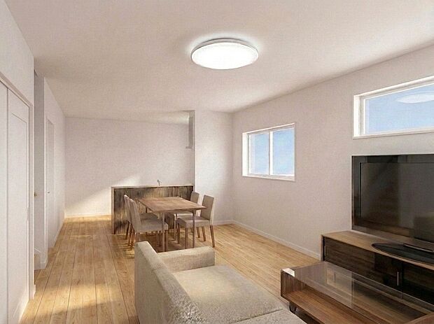 【3号地内観パース】CGのため、外装材の割付・外構・付帯設備等は実際のプランと異なりますのでご了承ください。CGイメージは実際の外装材の色柄と異なる場合がございますので現物サンプルでご確認下さい