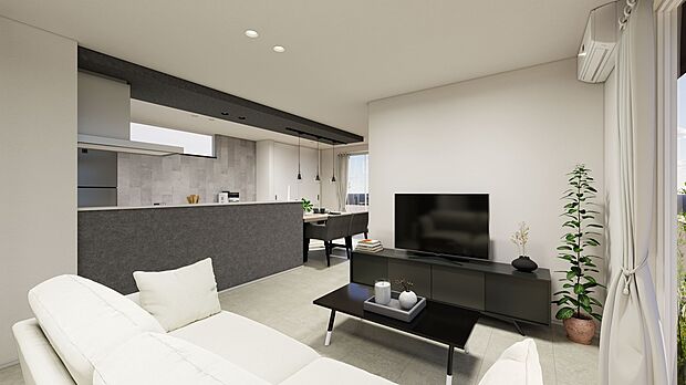 【【 ＬＤＫ 】】2方向に大きな窓を設けることで、たっぷりの光が入り込む明るく開放的なLDKに仕上げました。※パースはイメージです