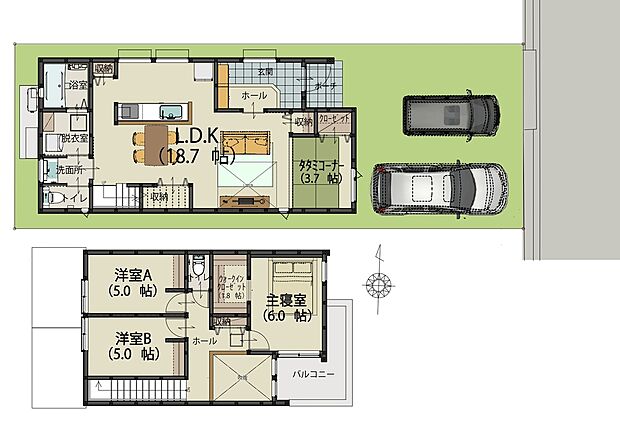 B号地間取り図
吹抜のある18.7帖の広々LDK+3.7帖タダミコーナーの大空間。独立洗面・脱衣室や1.8帖のW.I.Cなど、機能美を極めた3LDK。