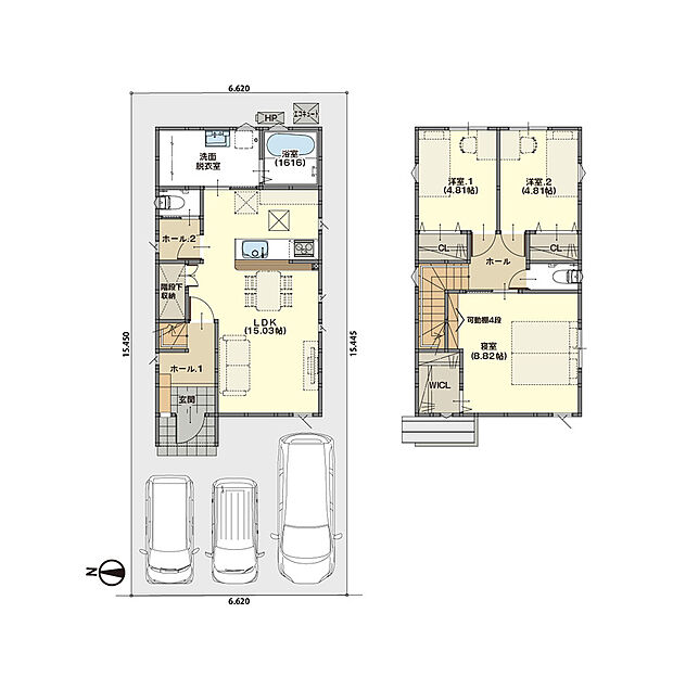 １５．０３帖のＬＤＫを住まいの中心に配置し、家族が自然と顔を合わせやすい間取りに。対面キッチンを採用することで、家事中もコミュニケーションが取りやすい、暮らしやすさを考えた住まいです。
