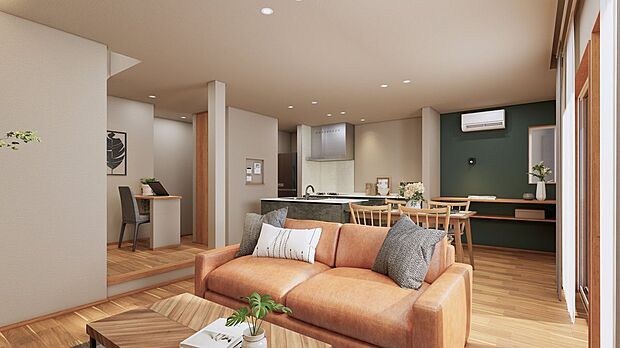 ■2号地 リビング(パース) LDKは19.7帖。大きな窓からはテラスに出ることができます。内と外がゆるやかに繋がるLDKは、明るく心地よい空間です。