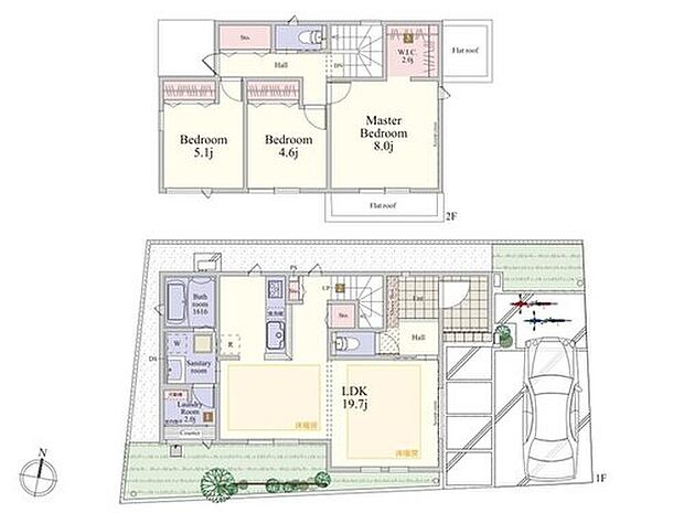 【1号棟】
◆19.7帖の広々LDKプラン
◆ランドリールームを導入して、バルコニーを敢えて設計しないプラン
◆LDKとサニタリールームを最短で繋いだ家事動線計画