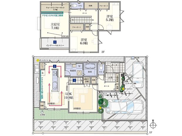 【5号棟】
19.8帖のLDKにあるキッチンは、スムーズな移動ができる動線計画となります。2階を含めた全居室が南向きに配置されているので、全ての居室が明るい空間となります。