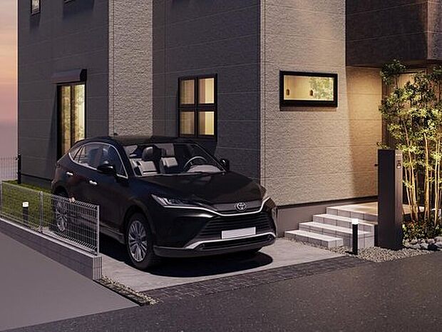 【1号棟 完成イメージパース】
駐車スペース1台確保。
※掲載のCGはイメージであり、外構(門柱・フェンス・駐車場・舗装材、水栓等)は実際とは異なります。