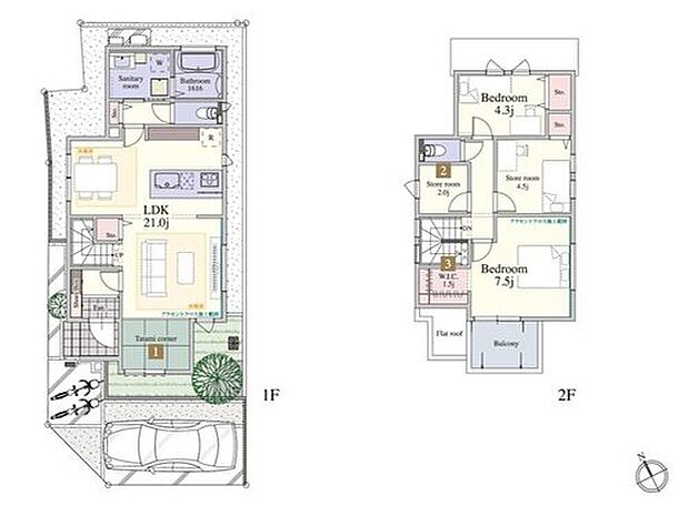【2LDK+2S】【ウィザースガーデン市川本八幡1号棟】
21帖の大空間LDKを採用したプランです。2Fのストアルームは居室として利用ができることで、3～4名様ご家族におすすめプランです。