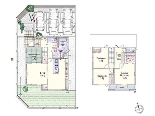 【4LDK】【モデルハウス1号棟 間取りプラン】
駐車スペース3台分を確保した4LDKプランです。19.5帖のLDKは明るく開放感が溢れ、生活動線も配慮された住まいです。