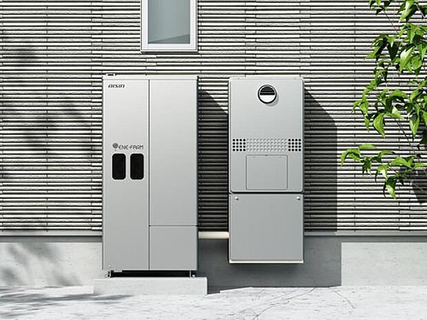 【【エネファーム】】燃料ガスから水素を取り出し、その水素と空気中の酸素を反応させて、自宅で電気を作るシステムです。発電時に出る熱を利用してお湯も一緒につくるため、エネルギーを有効利用できます。