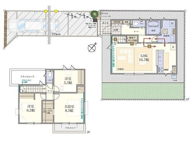 【3LDK】リビングからキッチン→サニタリールームが回遊できる「家事ラク動線」プラン！
家族のコミュニケーション広場になる「リビング階段」を採用しました。