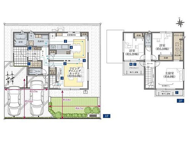 【4号棟】
19.64帖のLDKはリビング階段を採用して、家族の外出や帰宅が分かりやすいプランとなります。キッチンとサニタリールームの行き来がスムーズな家事ラク動線も嬉しいですね。