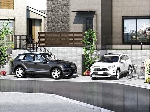 【【駐車場完成イメージ】】各邸に2台分の駐車スペースを用意します。マイカーだけでなく、セカンドカーや来客用の駐車スペースとなります。
※画像はイメージパースのため実際と異なる場合がございます