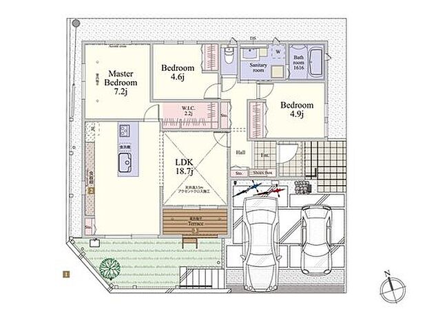 【3LDK】【23号棟】
・ワンフロアで生活動線が完結する平屋の住まい
・18.7帖のLDKに加え、セカンドリビングになる“ウッドデッキテラス”を導入
・“フラットキッチン”や“食器棚”を標準採用