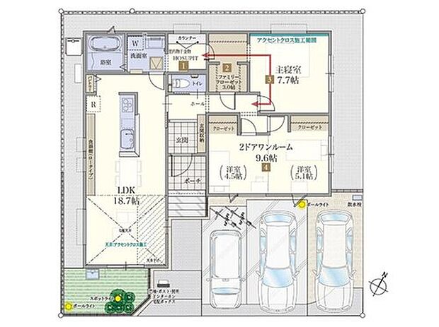 【3LDK+S】【25号棟】
南向きに建てられる平屋住まい！
「ファミリークローゼット」と「ホスピット」がサニタリールームと洋室からの行き来がスムーズに配置された家事ラク動線プランです。