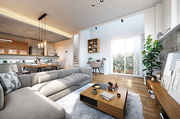 【【ゆとりある空間で過ごせる快適設計】】開放感を創出する高い天井やハイサッシ、コミュニケーションを考えた対面キッチン、そしてあるべき場所に配置した収納設計にもこだわりました。