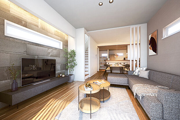 【【生活シーンを心地よく彩る2階リビングプラン】】2階リビングがもたらす落ち着きあるプライベート空間に、邸別設計のキッチンが家族の団らんを育みます。