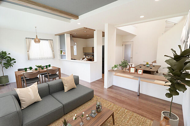 【(1)号棟 LDK】※家具はCGです。家具付き販売ではございません。 マルチスキップには吹き抜けを採用!開放感のあるLDKには家族の笑顔が集まります。