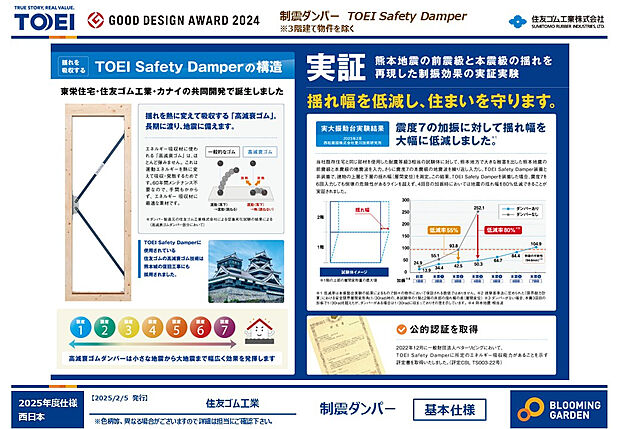 【【TOEI Safety Damper】】東栄住宅・住友ゴム工業・カナイの共同開発による制震システムを採用。小さな地震から大きな地震まで幅広く効果を発揮し、揺れ幅を低減することで、大切な住まいをしっかりと守ります。
