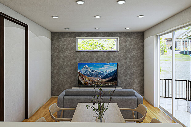 【【西庄7-7-1~6-C】内観パース】リビングはグレー系の石目調デザインのアクセントウォールを採用。モダンで落ち着いた雰囲気を演出します。