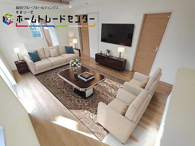 スタイリッシュな印象のリビングです。ホームパーティのお客様が増えても、これだけ広いリビングなら大丈夫♪※家具をCGで加工しています。家具付き販売ではございません。