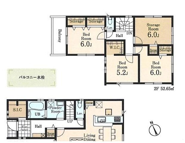 (２号棟)
3LDK+S、土地面積116.05m2、建物面積105.7m2