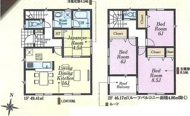 【4LDK】☆２階居室６帖以上♪☆
２階の３居室は６帖以上あるので、成長につれて増えてくるお子様の荷物も、気にすること無くのびのびとしたお部屋を用意してあげられます♪