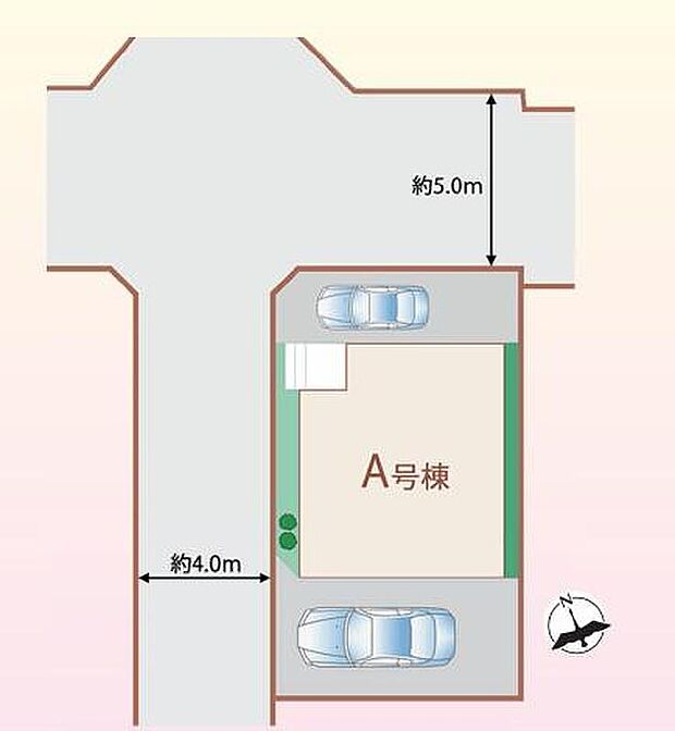 【全体区画図】開放的な北西角地♪カースペース２台分確保！（車種による）開放的な住環境の第一種低層住居専用地域。周辺は高さ制限が設けられているため、空が広く感じられます。落ち着きある街並みが広がります。