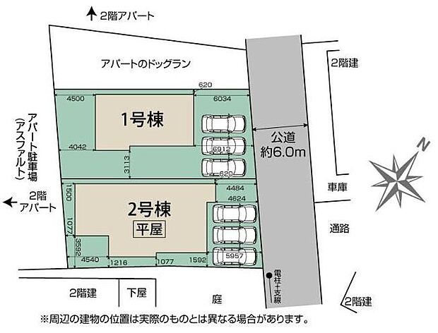【全体区画図】敷地６０坪超え！南庭付き全２棟♪カースペースはゆとりの３台駐車可能。駐輪場として、来客時や将来お子様も車を持たれた時など何かと重宝します。物置スペースとしてのご活用も◎♪