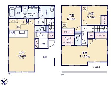 （ 建物面積：1階車庫面積約8.69平米含む）
ペニンシュラキッチンを配した１６帖LDK♪洗面スペースとランドリースペースを２部屋に区分しました！忙しい朝の支度と家事がスムーズになります♪ 