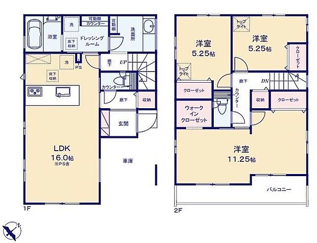 【3LDK】（ 建物面積：1階車庫面積約8.69平米含む）
ペニンシュラキッチンを配した１６帖LDK♪洗面スペースとランドリースペースを２部屋に区分しました！忙しい朝の支度と家事がスムーズになります♪