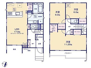 （建物面積：1階車庫面積約9.1平米含む）
カウンター付きシステムキッチンを配した１７帖LDK！２階居室は全居室６帖以上♪プライベートな時間をゆったりと過ごせます♪ 