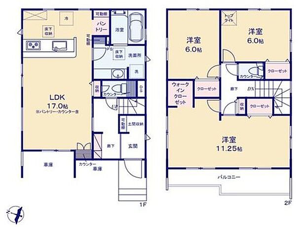 【3LDK】(建物面積:1階車庫面積約9.1平米含む)
カウンター付きシステムキッチンを配した17帖LDK!2階居室は全居室6帖以上♪プライベートな時間をゆったりと過ごせます♪