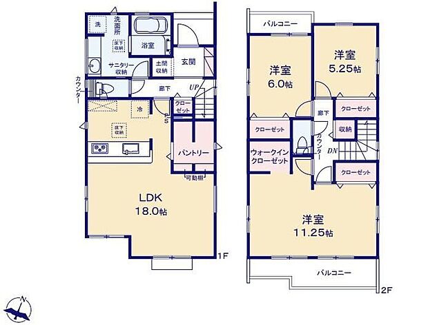 【3LDK】（建物面積：玄関ポーチ部分0.22平米含む）対面式システムキッチンを配した１８帖LDK♪キッチン横の大型パントリーはうれしい可動棚付き！水や食材をまとめ買いしても置き場所に困らないのはうれしいですね♪