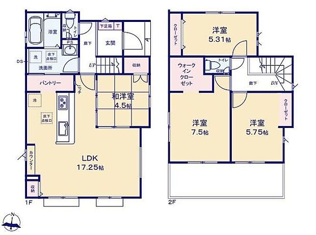 【4LDK】(土地面積：路地状部分約65平米含む)１７帖LDKには備え付けのカウンターを設置！机代わりにお使いいただけます。隣接する和室を開放すると２１帖超えの大空間に♪