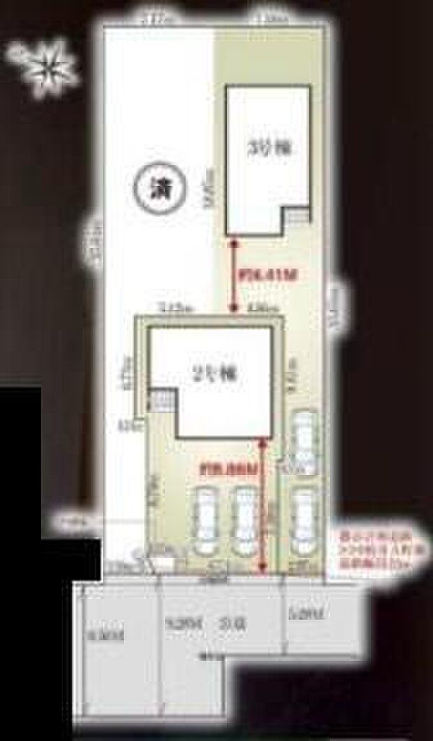 ≪全体区画図≫
車種により２台駐車可能なカースペースを完備☆前面道路は歩道が整備されているため、お子様にも安心♪