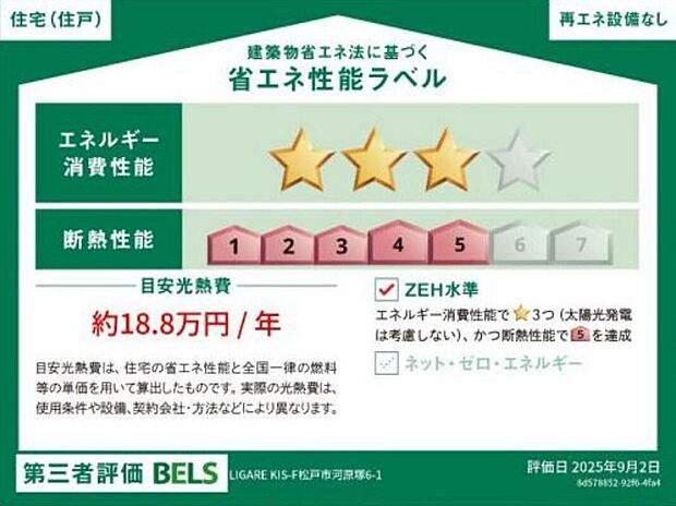 こちらの物件はZEH水準を満たした、省エネ性能に優れた物件です。　光熱費を抑えて暮らすことができるだけでなく、「熱の入りにくさ・逃げにくさ」という観点でも影響を受けにくい建物です。