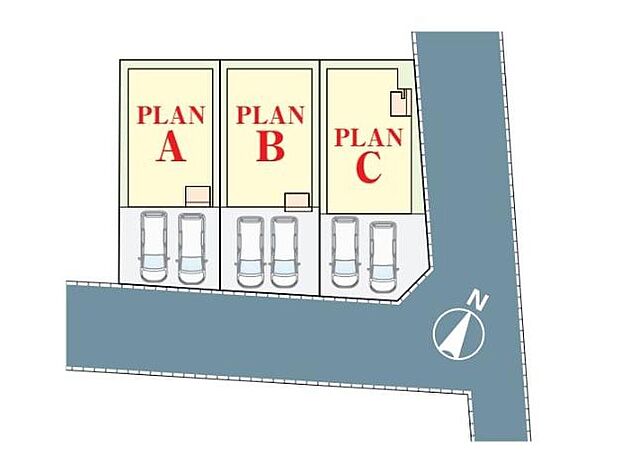 前道が6ｍあるので、車庫入れが苦手な方でも安心して入れられます。
2台を並列駐車できるゆとりあるカースペース。