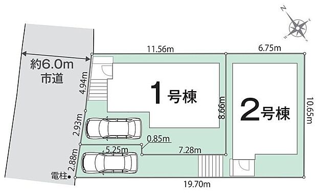 ≪全体区画図≫全面道路幅はゆったり約6ｍあるので、車庫入れが苦手な方でも落ち着いて駐車できます。空いたスペースはご家族の自転車の駐輪スペースとしてもお使いいただけます！