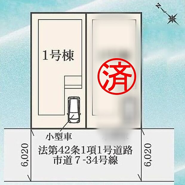 【全体区画図】玄関前にお車1台分の駐車場を確保いたしました。建物の前方は駐輪スペースとしてもご利用いただけます！