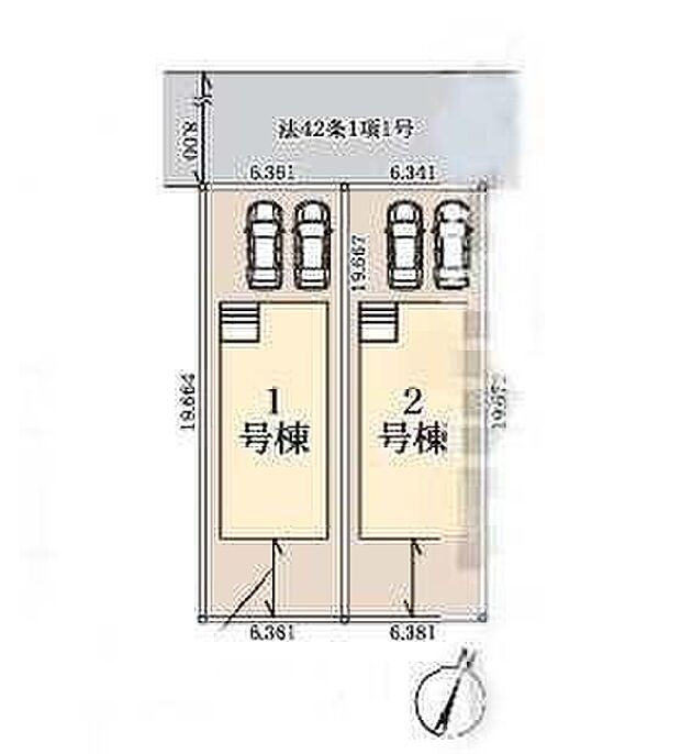 【全体区画図】前面道路は8ｍと広々しているので、お車の出し入れもラクラクです♪