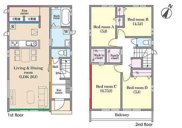 【4LDK】キッチン裏に可動棚等の収納スペースを設置！家事もはかどります♪
広々20帖のLDK！対面キッチンからはLDK全体を見渡せます♪
WICやファミリークローゼットを2階に設置☆スッキリ片付きます！