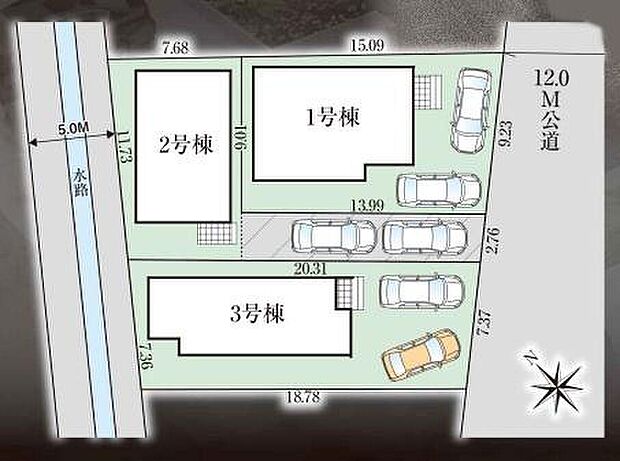 【全体区画図】前道が12mあり、たくさんの陽光が射し込む立地です◎十分な広さがあるので車庫入れが苦手な方でも安心して入れられますね♪
