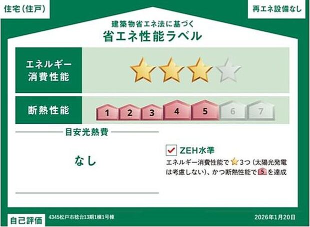 【【省エネ性能ラベル】】こちらの物件はZEH水準を満たした、省エネ性能に優れた物件です。 光熱費を抑えて暮らすことができるだけでなく、「熱の入りにくさ・逃げにくさ」という観点でも影響を受けにくい建物のため、長く快適にお過ごしいただけます♪